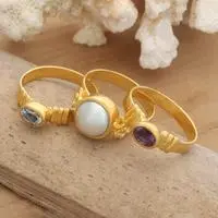 Gold-plated multi-gemstone stacking rings, 'Elegant Trio' (set of 3) - 18k Gold-Plated Multi-Gemstone Stacking Rings (Set of 3)