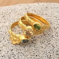 Gold-plated multi-gemstone stacking rings, 'Exquisite Elegance' (set of 3) - 3 Gold-Plated Citrine Peridot and Blue Topaz Stacking Rings