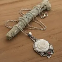 Garnet pendant necklace, 'Beauty of the Rose' - Garnet and Silver Necklace with Hand-Carved Rose Pendant