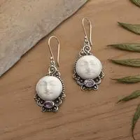 Amethyst dangle earrings, 'Violet Moon' - Sleeping Moon-Themed Carved Amethyst Silver Dangle Earrings
