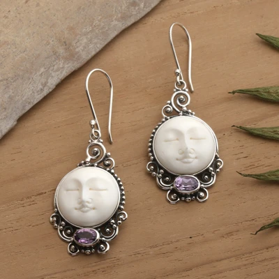 Amethyst dangle earrings, 'Violet Moon' - Sleeping Moon-Themed Carved Amethyst Silver Dangle Earrings