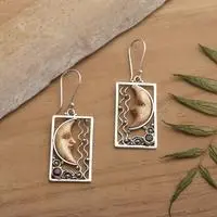 Garnet dangle earrings, 'Crescent Enchantment' - Crescent Moon Carved Openwork Garnet Silver Dangle Earrings