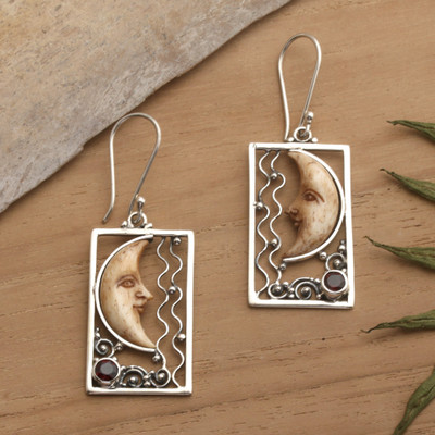 Garnet dangle earrings, 'Crescent Enchantment' - Crescent Moon Carved Openwork Garnet Silver Dangle Earrings