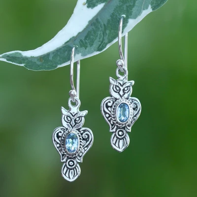 Blue topaz dangle earrings, 'Azure Owl' - Silver Owl Dangle Earrings with Oval Blue Topaz Gemstones