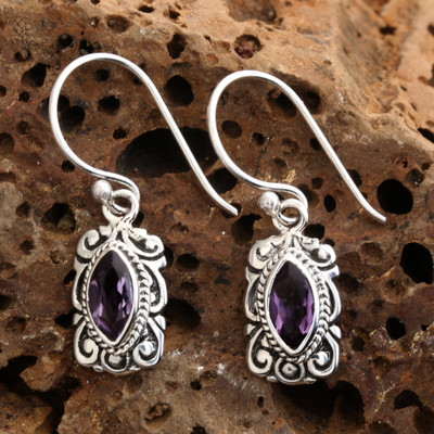 Amethyst dangle earrings, 'Ornate Frame' - Silver Dangle Earrings with Marquise-Shaped Amethyst Stones