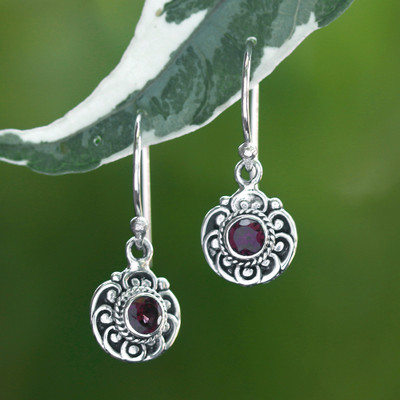 Garnet dangle earrings, 'Windmill of Passion' - Folk Art-Inspired Sterling Silver and Garnet Dangle Earrings