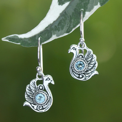 Blue topaz dangle earrings, 'Heavenly Lake' - Balinese-Made Swan-Shaped Faceted Blue Topaz Dangle Earrings