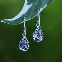 Amethyst dangle earrings, 'Purple Lagoon' - Polished and Oxidized Faceted Pear Amethyst Dangle Earrings