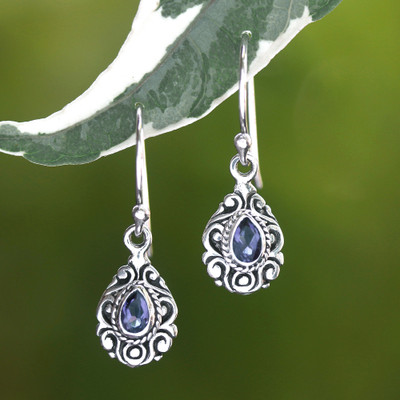 Amethyst dangle earrings, 'Purple Lagoon' - Polished and Oxidized Faceted Pear Amethyst Dangle Earrings