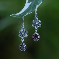 Garnet dangle earrings, 'Beloved Blooms' - Spring-Inspired 2-Carat Natural Pear Garnet Dangle Earrings