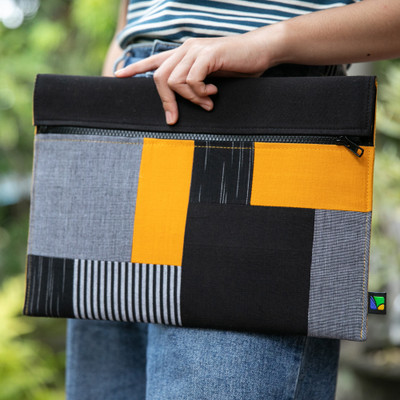 Cotton laptop case, 'Intellectual Patchwork' - Black and Yellow Patchwork-Patterned 100% Cotton Laptop Case