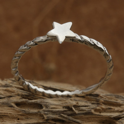 Sterling silver band ring, 'Petite Star' - Minimalist Silver Star Band Ring with Torsade Rope Accents