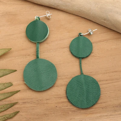 Leather drop earrings, 'Party Glam' - Double Disc Circle-Themed Leather Drop Earrings in Green