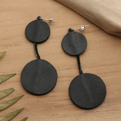 Leather drop earrings, 'Night Glam' - Black Double Disc-Shaped Painted Leather Drop Earrings