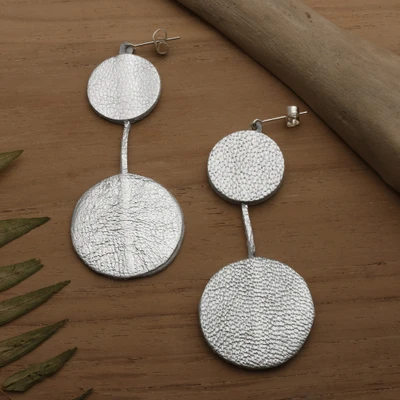 Leather drop earrings, 'Silver Glam' - Silver-Hued Painted Leather Double Disc Drop Earrings
