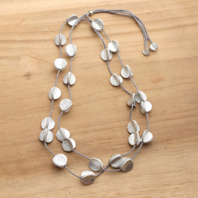 Leather long station necklace, 'Silver Glam' - Silver-Hued Leather Long Station Necklace with Disc Motifs