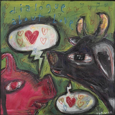 'Dialogue about Love' - Pig Cow and Love-Themed Modern Acrylic Ink Pencil Painting