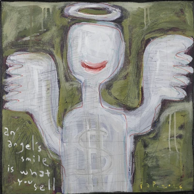 'An Angel Smile' - Abstract Naif Acrylic Ink Pencil Painting of a Smiling Angel