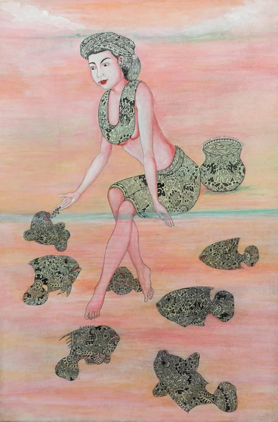 'Harmony' - Nature-Inspired Signed Acrylic Painting of Woman and Fish