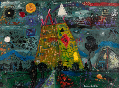 'Energy of Thousand Temples' - Modern Acrylic Painting of a Temple with Cosmic Symbols