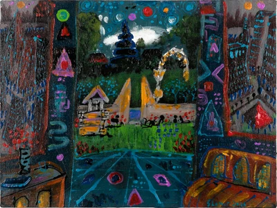 'Harmony and Culture' - Expressionist Acrylic Painting of Balinese Temple in Nature