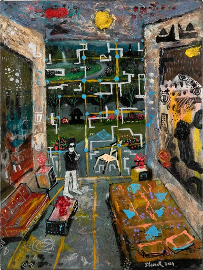 'Peace in Bali' - Modern Expressionist Acrylic Painting of Man in Living Room