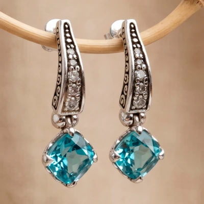 Blue topaz dangle earrings, 'Azure Waters' - Silver Dangle Earrings with Antique Cushion Blue Topaz Gems