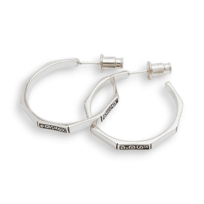 Sterling silver half-hoop earrings, 'Octo Curve' - Geometric Octagonal Bohemian Silver Half-Hoop Earrings