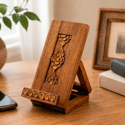 Wood phone holder, 'Floral Future' - Hand-Carved Foldable Wood Phone Holder with Floral Motifs