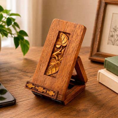 Wood phone holder, 'Natural Tomorrow' - Nature-Inspired Golden and Brown Jempinis Wood Phone Holder