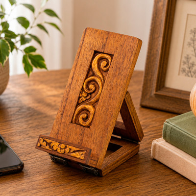 Wood phone holder, 'Hereafter Winds' - Artisan-Made Golden and Brown Foldable Wood Phone Holder