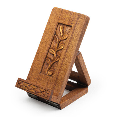 Wood phone holder, 'Thriving Modernity' - Nature-Themed Foldable Brown Jempinis Wood Phone Holder