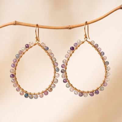 Gold-plated fluorite beaded dangle earrings, 'Wondrous Dew' - Polished Drop-Shaped Gold-Plated Earrings with Fluorite Gems