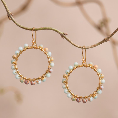 Gold-plated jasper beaded dangle earrings, 'Sun of Creation' - Jasper and 18k Gold-Plated Brass Dangle Earrings from Bali