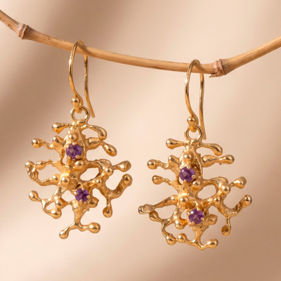 Gold-plated amethyst dangle earrings, 'Wise Beginnings' - Avant-Garde 18k Gold-Plated Faceted Amethyst Dangle Earrings