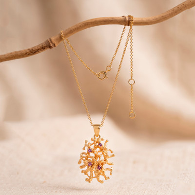 Gold-plated amethyst pendant necklace, 'Wise Beginnings' - 18k Gold-Plating Faceted Amethyst Pendant Necklace from Bali