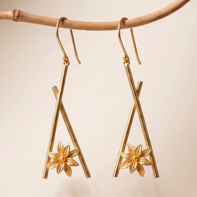 Gold-plated dangle earrings, 'Floral Chopsticks' - Floral and Chopstick-Inspired 18k Gold-Plated Brass Earrings