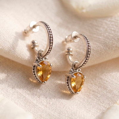 Citrine half-hoop earrings, 'Vintage Yellow' - Textured Granulated Silver and Citrine Half-Hoop Earrings
