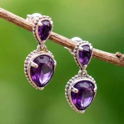 Amethyst dangle earrings, 'Modern Wisdom' - Sterling Silver Dangle Earrings with 1-Carat Amethyst Jewels