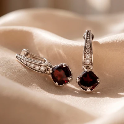 Garnet dangle earrings, 'Red Pond' - Geometric Garnet Moissanite Sterling Silver Dangle Earrings