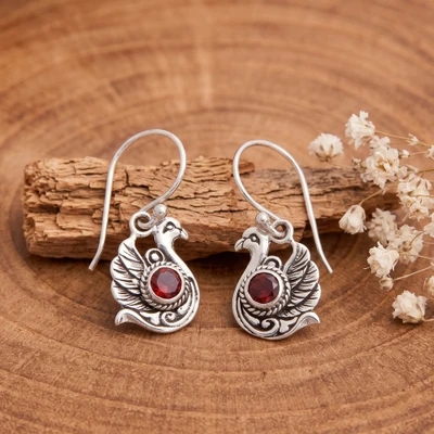 Garnet dangle earrings, 'Enamored Lake' - Romantic Swan Dangle Earrings with Natural Garnet Birthstone