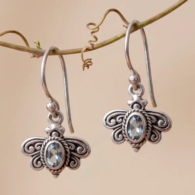 Blue topaz dangle earrings, 'Fluttering Grace' - Faceted Blue Topaz and Sterling Silver Dragonfly Earrings