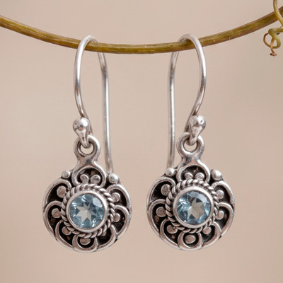 Blue topaz dangle earrings, 'Windmill of Grace' - Balinese-Inspired Round Blue Topaz Whirlpool Dangle Earrings