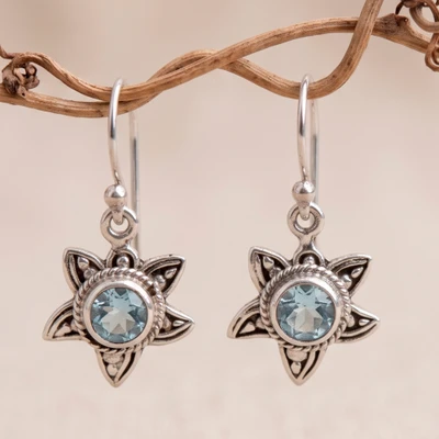 Blue topaz dangle earrings, 'Sky Blue Sunflower' - Flower-Shaped Dangle Earrings with Faceted Blue Topaz Gems