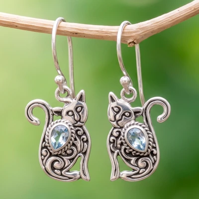 Blue topaz dangle earrings, 'Blue Lazy Cat' - Cat-Themed Sterling Silver and Blue Topaz Dangle Earrings