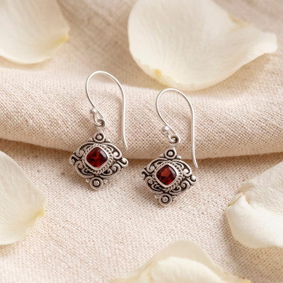 Garnet dangle earrings, 'Crimson Cushion' - Silver Dangle Earrings with Antique Cushion Garnet Stones