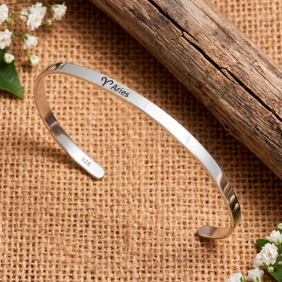 Sterling silver cuff bracelet, 'Aries Prestige' - Sterling Silver Unisex Cuff Bracelet with Aries Zodiac Sign