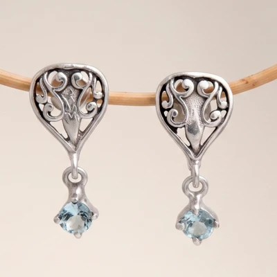 Blue topaz dangle earrings, 'Pear of Blooms' - Pear-Shaped Silver Dangle Earrings with Blue Topaz Gemstones
