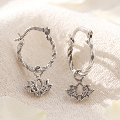 Sterling silver hoop earrings, 'Swinging Lotus' - Silver Hoop Earrings with Openwork Floral Lotus Motifs