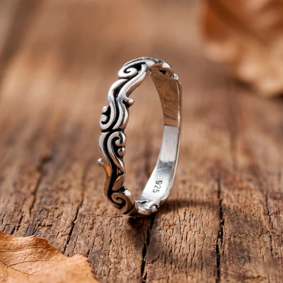 Sterling silver band ring, 'Curling Vines' - Unisex Sterling Silver Band Ring with Scrollwork Accents